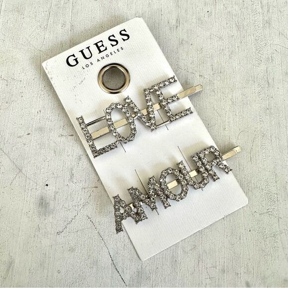 Guess silver tone two piece rhinestone Bobbi pin hair pin set - Picture 2 of 6